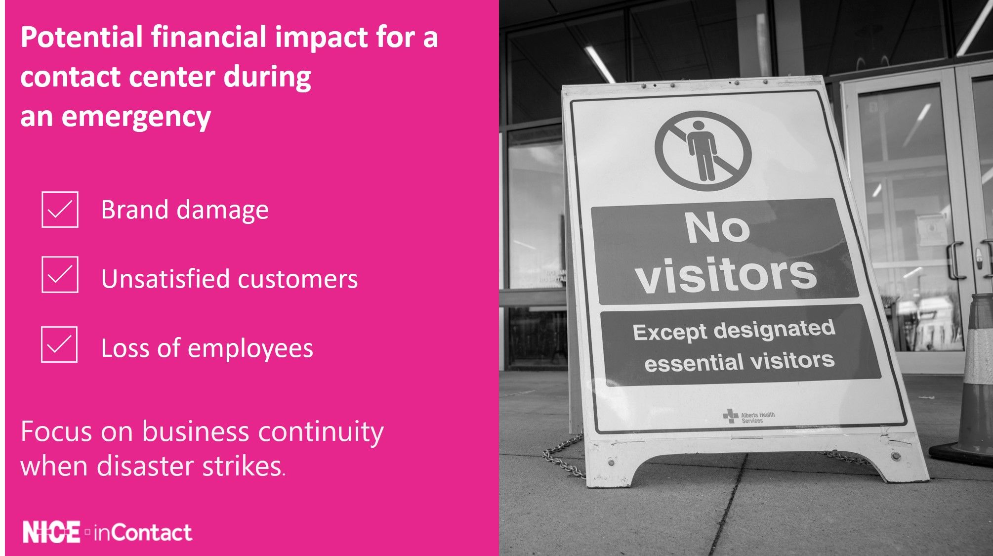 No visitors sign in front of business and tips on potential financial impact during an emergency 