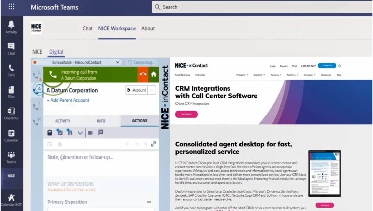 NICE inContact CXone for Microsoft Teams embeds the CXone agent experience directly into Microsoft Teams for a truly unified agent experience. 
